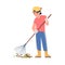 Teen Boy Volunteer Character with Rake Cleaning Street Vector Illustration