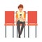 Teen Boy Waiting at Airport Terminal for Flight, Boy Sitting on Chair with Smartphone at Waiting Room Vector
