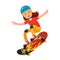 Teen boy in wearing helmet jumping on skateboard