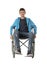 Teen boy in wheelchair on white