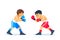 Teen boys start training boxing skills. Friends wearing gloves, fighting. Sport, martial arts concept cartoon vector