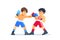 Teen boys training boxing skills. Friends wearing gloves, fighting. Sport, martial arts concept cartoon vector