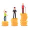 Teen, business man, old senior standing on rising stacks of gold coins money. Financial investments