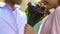 Teen female happy to receive beautiful flowers bouquet from beloved male, gift