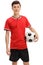 Teen football player in a red jersey