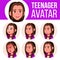 Teen Girl Avatar Set Vector. Face Emotions. Head, Icon. Childish, Happiness Enjoyment. Cartoon Head Illustration