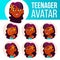 Teen Girl Avatar Set Vector. Indian, Hindu. Asian. Face Emotions. Emotional. Casual, Friend. Cartoon Head Illustration