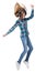 Teen girl in checkered shirt dancing listening music in headphones