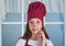 teen girl chef wearing uniform. child study how to cook by recipe. kid cooking in kitchen