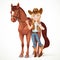 Teen girl dressed as a cowboy holds the reins saddled horse