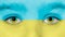 Teen Girl's eyes and face are toned in colors of Ukrainian Flag. Stop war in Ukraine concept