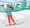 Teen Girl Skiing Wearing Warm Sportive Costume and Goggles Riding Skis at Mountain Slope with Funicular