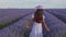 Teen girl walks by blooming lavender fields with blue lavender flowers.