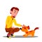 Teen Guy Volunteer Feeding Dog In Shelter Vector. Isolated Illustration