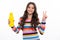 Teen holds water bottle isoalted on white. Child girl care body hydration. Active leisure and water balance. Active and