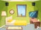 Teen room. Small bedroom for kids student apartment inside of house modern interior vector cartoon