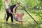 Teen sister girls and child having fun on hammock in the backyard garden