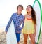 Teen surfer couple on beach shore with surf boards