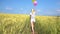 Teen woman with balloons walking in field in slow motion