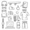 Teenage accessories. Young person stuff elements wardrobe items modern clothes headphones gadgets vector hand drawn set