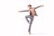 A teenage ballet dancer poses barefoot,  on a white background