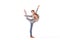 A teenage ballet dancer poses barefoot,  on a white background