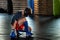 Teenage boxer resting during the competition