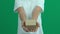 Teenage boy hands stretching out and giving small gift box over green screen chroma key background