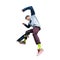 A teenage boy in a hat and a sweatshirt jumping with a skateboard does a trick on an isolated white background. The cut