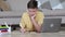 Teenage boy online schooling child writes at videolesson 4k video