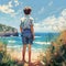 a teenage boy stands on the seashore. illustration, AI generation