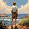 a teenage boy stands on the seashore. illustration, AI generation