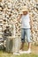 Teenage boy during wood chopping