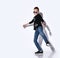 Teenage child in sunglasses, black jumper and sneakers, blue jeans, bracelet. Dancing, posing isolated on white studio background