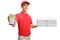 Teenage delivery boy holding a payment terminal and pizza boxes