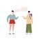 Teenage female and hipster male backpacker talking with speech bubbles vector flat illustration. Cartoon characters