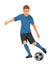 Teenage figure of playing football boy in blue uniform dribbling the ball on the field and goiing to kick a ball on a white