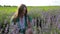 A teenage girl admires the lavender blossoms. Lavender field. Cultivated lavender.