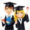 Teenage girl and boy in cap and gown graduate holding a scroll diploma