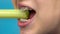 Teenage girl with braces on her teeth eats celery on a blue background. A girl with colored braces bites off a stalk of