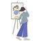 A teenage girl draws a grieving Ukrainian woman on an easel. A young artist uses his resources to support the Ukrainian