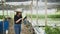 A teenage girl farmer uses a tablet app to control vegetable growing in greenhouse, smart farm