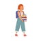 Teenage girl going to school. Pupil with backpack holding pile of books. Student walking and carry studentbooks. Scene