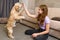 Teenage girl hand feeding her dog in home