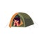 Teenage girl looking out of tourist tent, camping, hiking concept
