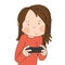 Teenage girl playing video games on game console, holding joystick, being very concentrated.