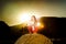 Teenage girl posing at the evening on haystack, sunset colors