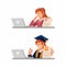 Teenage girl student online course with bad and excellent exam paper test result symbol icon set illustration in cartoon vector