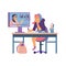 Teenage girl studying online sitting at table flat vector illustration isolated.