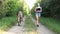 Teenage girl walking with a pony along beautiful country road in summer